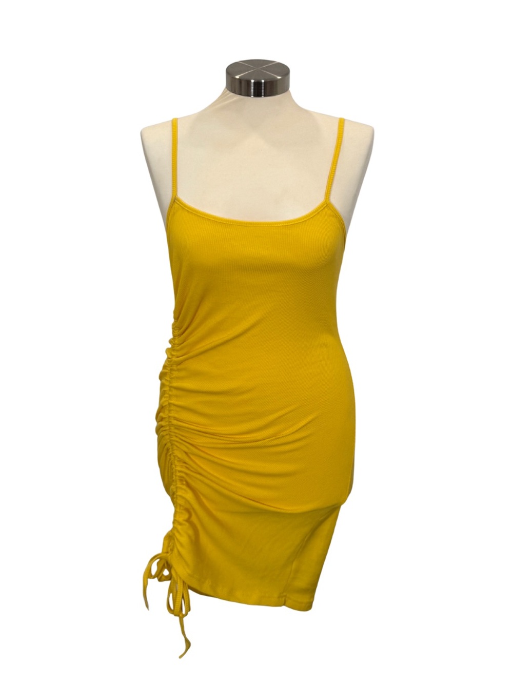 Mustard Yellow Ruched Spaghetti Strap Dress